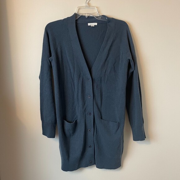 Garnet Hill 100% Cashmere Blue Gray Long Button Down Cardigan, Small - Picture 1 of 7